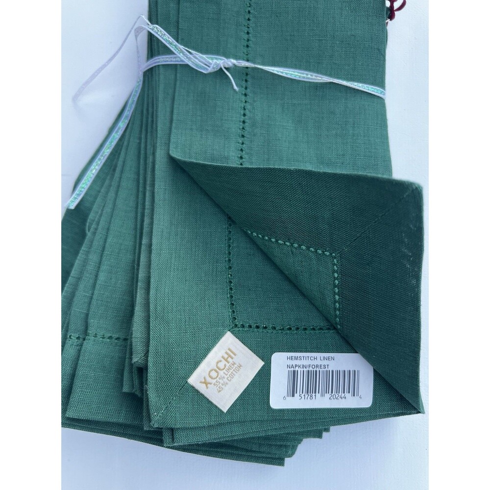 Xochi Hemstitch Forest Green Linen Cotton Napkins Set of 7 NWT